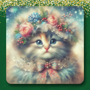 Vintage Shabby Chic Weihnachtskatze Quadratischer Aufkleber
