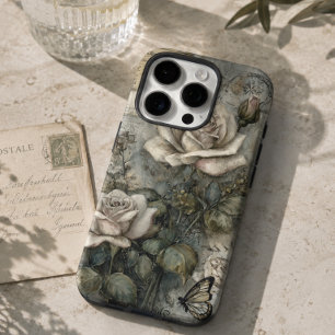 Vintage Shabby Chic Weiße Rose und Schmetterling iPhone 16 Pro Hülle