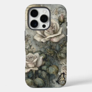 Vintage Shabby Chic White Rose and Butterfly  iPhone 16 Pro Hülle