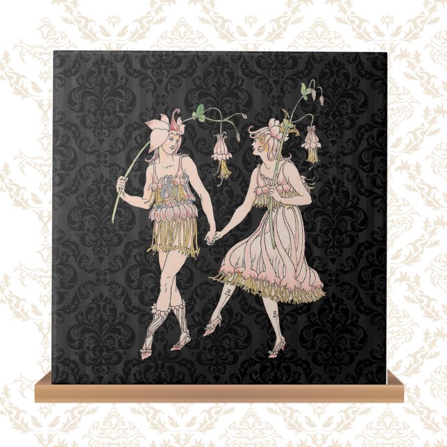 Vintage Shakespeare's Garden Women on Black Damask Fliese (Von Creator hochgeladen)