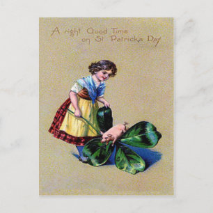 Vintage Shamrock-Schwein-Mädchen St. Patrick's Day Postkarte