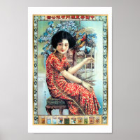 Vintage Shanghai China Zigarette Ad Woman Parrot