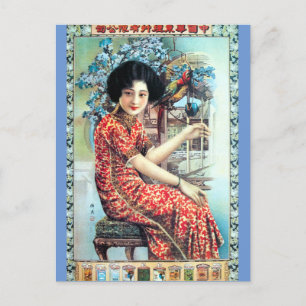 Vintage Shanghai Chinesin mit Papagei Postkarte