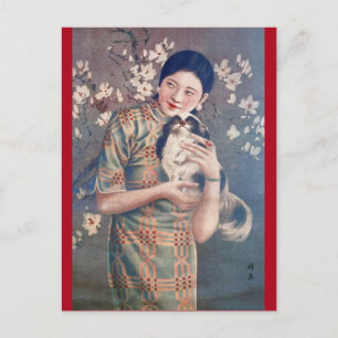 Vintage-Shanghai-Plakatwerbung Frau Papillon-Hund Postkarte