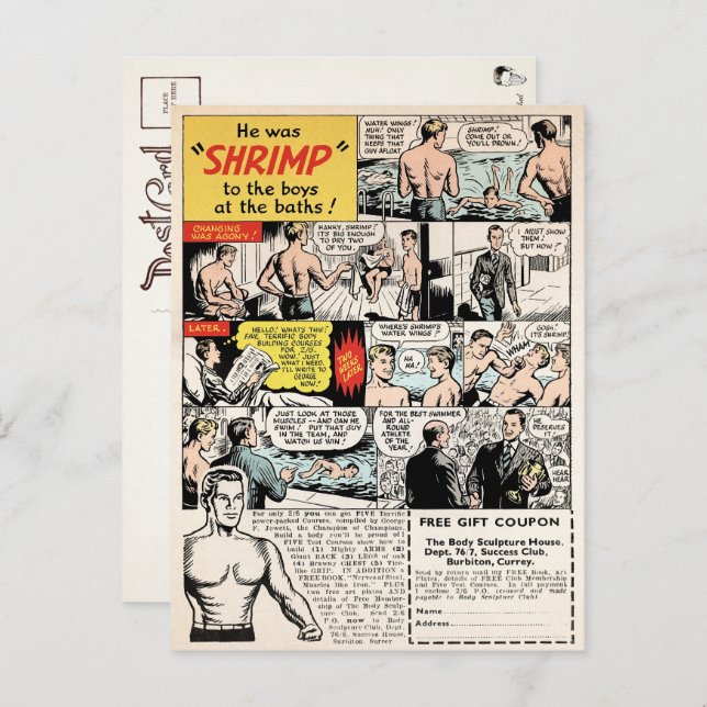 Vintage Shrimp-Muskeln und Postkarte (Vorne/Hinten)