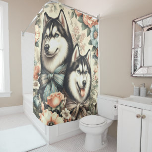Vintage sibirische Husky-Illustration Duschvorhang