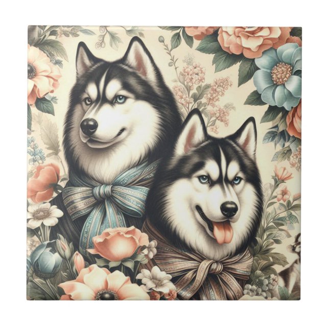 Vintage sibirische Husky-Illustration Fliese (Vorderseite)