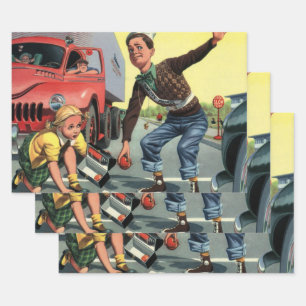 Vintage Sicherheitsstreife Verkehrspatrouille hilf Geschenkpapier Set