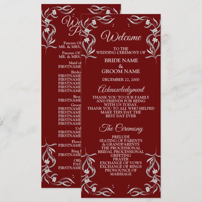 Vintage Silber Blumenmuster Rote elegante Hochzeit Programm (Vorne/Hinten)