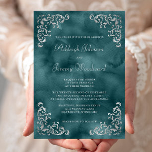 Vintage Silber Teal Blau Aquarell-Hochzeit Einladung