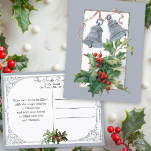Vintage Silberglocken und Holly Feiertagspostkarte