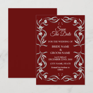 Vintage Silver Floral Pattern Red Elegant Wedding Save The Date