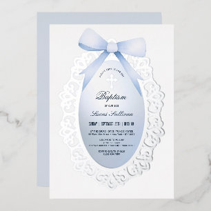 Vintage Silver Frame Blue Bow Taufe Folieneinladung