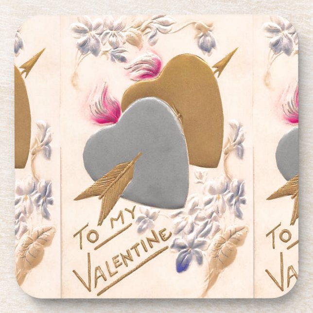 Vintage Silver & Gold Herzstück Valentine Postkart Getränkeuntersetzer (Vorderseite)