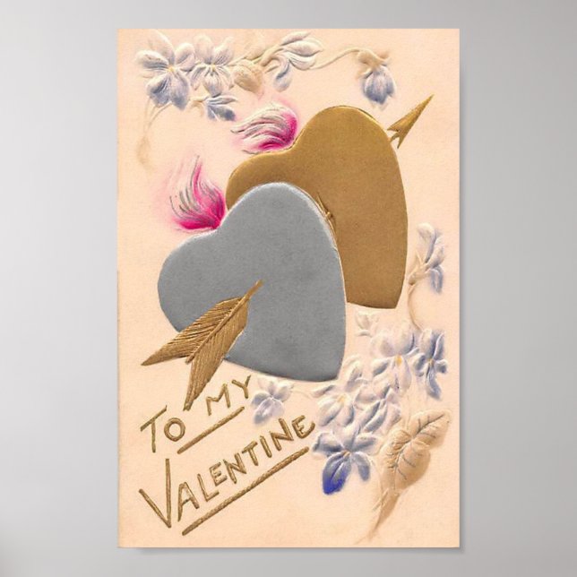 Vintage Silver & Gold Herzstück Valentine Postkart Poster (Vorne)