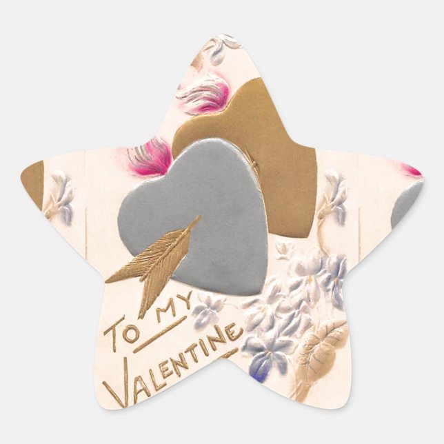 Vintage Silver & Gold Herzstück Valentine Postkart Stern-Aufkleber (Vorderseite)