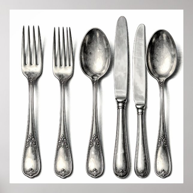 Vintage Silverware Ornate Flatware Kitchen  Poster (Vorne)