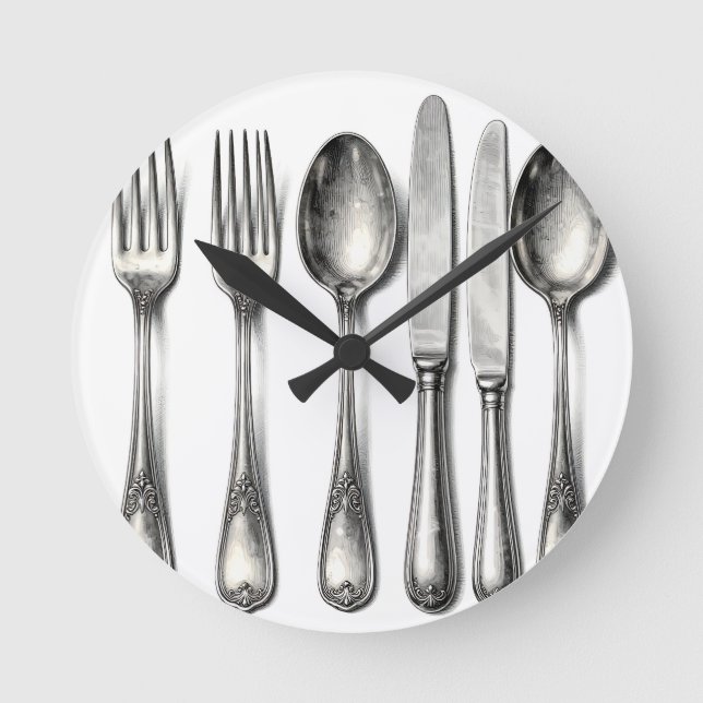 Vintage Silverware Ornate Flatware Kitchen  Runde Wanduhr (Vorderseite)