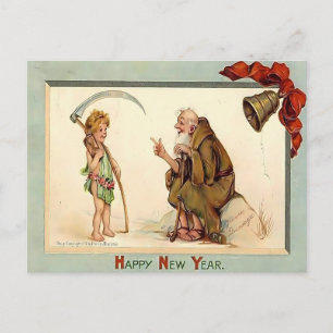 Vintage Silvester: Baby mit Sense & Vater Zeit Postkarte