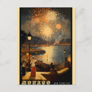 Vintage-Silvester-Feuerwerk-Reise nach Monaco Postkarte