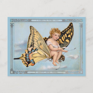 Vintage Silvester-Grüße Engel Cherub Postkarte