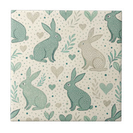Vintage Simple Bunny Silhouettes Hearts Pattern Fliese