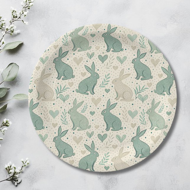 Vintage Simple Bunny Silhouettes Hearts Pattern Pappteller (Von Creator hochgeladen)