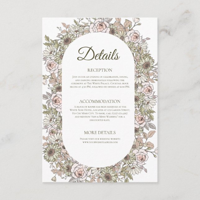 Vintage Simple Floral Wedding Details Card Begleitkarte (Vorderseite)