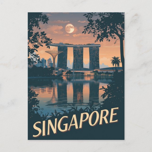 Vintage Singapore Travel Poster Skyline Moon Postkarte (Vorderseite)