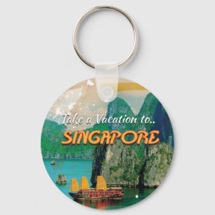 Vintage-Singapur-Urlaubsposter. Schlüsselanhänger