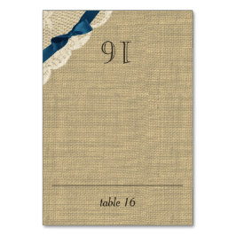 Vintage Sitzkarte für Spitzen und Navy Bow Burlap Tischnummer