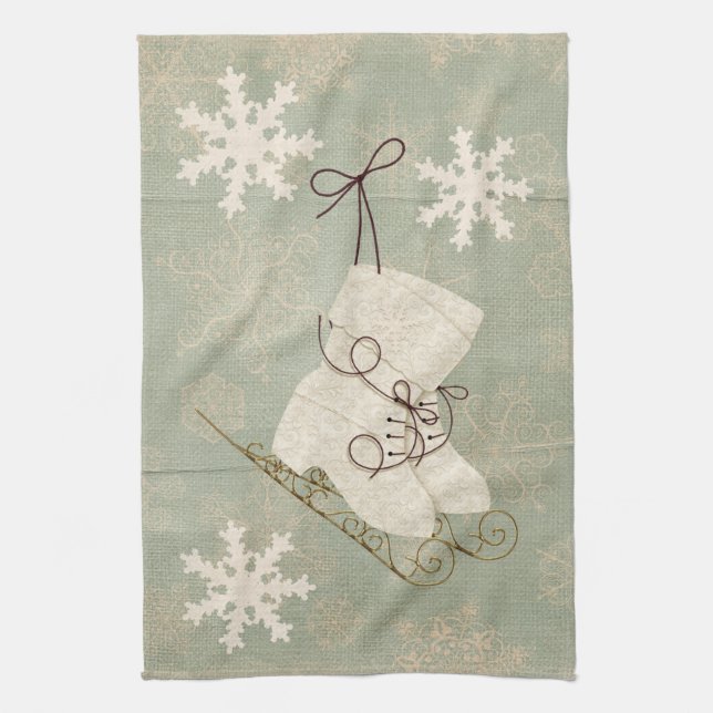 Vintage Skate niedliche Schneeflocke rustikale Win Geschirrtuch (Vertikal)