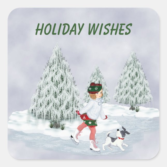 Vintage Skaten Girl and Dog Quadratischer Aufkleber (Vorderseite)