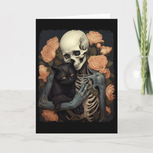 Vintage-Skelett hält eine schwarze Katze Halloween Karte