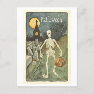 Vintage-Skelett mit Kürbis-Halloween-Postkarte Postkarte