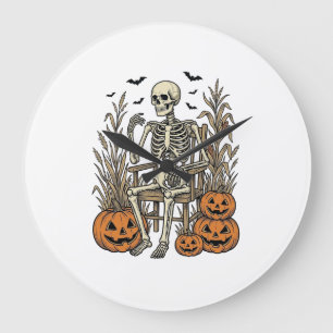 Vintage-Skelett- und Kürbis-Halloween-Shirt Desi Große Wanduhr