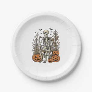 Vintage-Skelett- und Kürbis-Halloween-Shirt Desi Pappteller