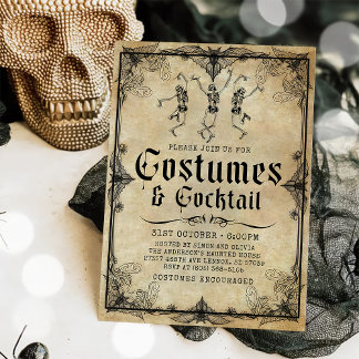 Vintage Skelettkostüme und CocktailHalloween Einladung