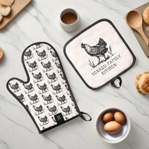 Vintage Sketch Farm Hen Black & White Monogam Ofenhandschuh & Topflappen-Set