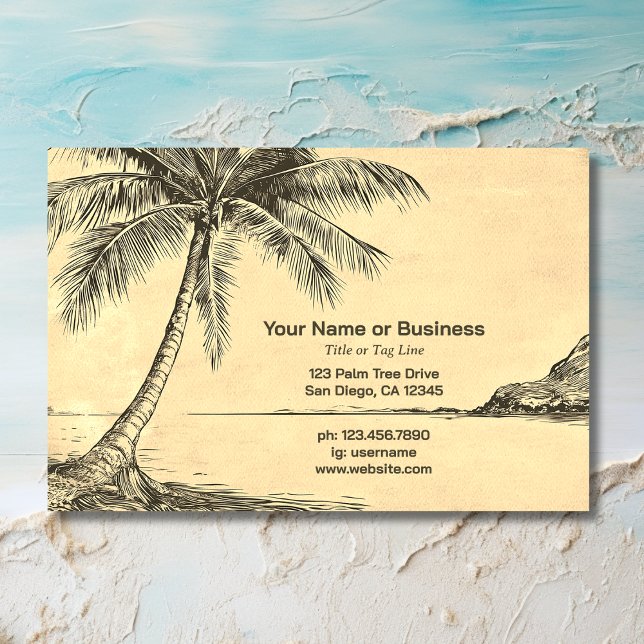 Vintage Sketch Palmen Palmen Tropical Beach Visitenkarte (Front - Vintage Style Sketch Palm Trees Tropical Beach Business Card)