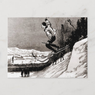 Vintage-Ski-Bild, springt auf die Ziellinie zu Postkarte