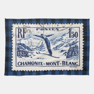 Vintage-Ski Chamonix-Mont Blanc Briefmarke Geschirrtuch