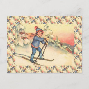 Vintage-Ski-Szene, Mädchen an den Hängen Postkarte