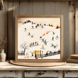 Vintage Skiers Art, Winter Landscape Painting Poster