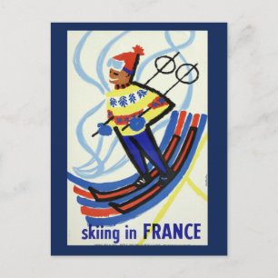 Vintage-Skifahren in Frankreich Reise-Postkarte Postkarte