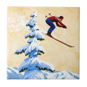 Vintage-Skiplakat, Skispringer und Kiefern Fliese
