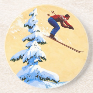 Vintage-Skiplakat, Skispringer und Kiefern Getränkeuntersetzer