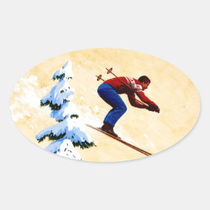 Vintage-Skiplakat, Skispringer und Kiefern Ovaler Aufkleber