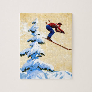 Vintage-Skiplakat, Skispringer und Kiefern Puzzle
