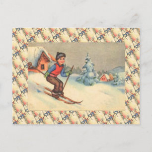 Vintage Skiszene, junge Leute Postkarte